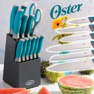 Conjunto de talheres de aço inoxidável Lindbergh Oster com 14 peças, bloco preto, alças azul-petróleo