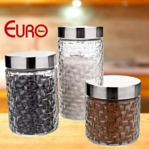 Conjunto de Potes de Vidro com Tampa Inox Rattan 3 Peças Euro Transparente