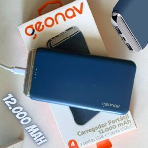 Carregador Portátil Universal 12.000 mAh, 2 Saídas USB + 1 Saída USB-C, Azul Marinho, PB12KMB, Geonav