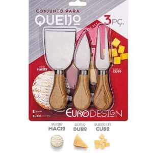 Conjunto para Queijo 3 Peças cabo de madeira, QUE5555, Euro Home
