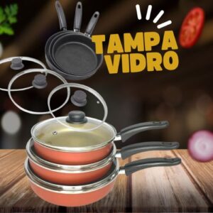 Conjunto Frigideira Antiaderente 3 Peças Com Tampa De Vidro (Cereja)