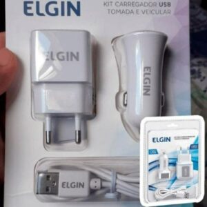 Kit Carregador USB de Tomada Bivolt, Carregador Veicular 1 Saída 1A, 5W e Cabo MicroUSB de 1 Metro, Elgin, 46RCK1USB00M, Branco