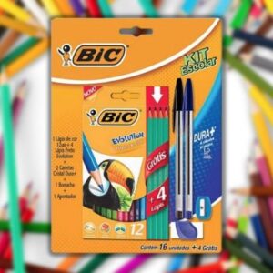Kit Escolar, BIC, Lápis de Cor Sextavado + 4 Lápis Preto Evolution + 2 Canetas Cristal Dura + 1 Borracha + 1 Apontador