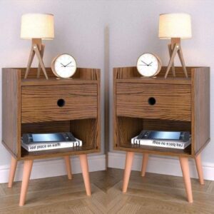 Conjunto Kit 2 Mesas de cabeceira Compacta Retrô Mesinha Canto Quarto Lateral Cama Com Gaveta e Nicho Para Decoração e Organização Cantinho Descanso Decore - Freijó - Lojas RPM