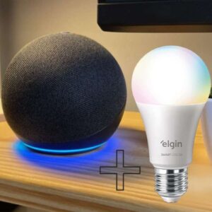 Echo Dot (4ª Geração): Smart Speaker com Alexa - Cor Preta + Lâmpada Inteligente Elgin