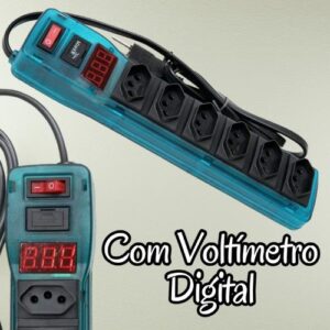Filtro de Linha Power Line de 6 tomadas em Gabinete Plástico com Voltímetro Digital