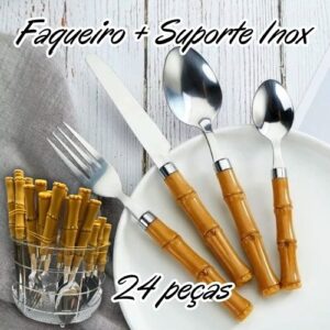 Conjunto Talheres Faqueiro Estilo Bambu 24 Pç + Suporte Inox