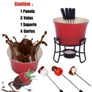 Conjunto Fondue Em Cerâmica Redondo 9 Peças 300ml Chocolate Queijo - 3 Velas