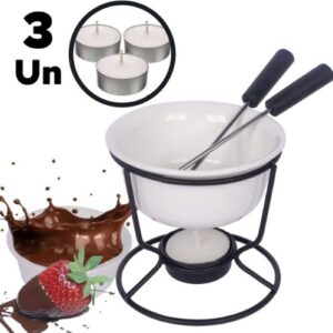 Conjunto de Fondue Em Cerâmica Redondo 7 Peças 140ml Chocolate Queijo - 3 Velas