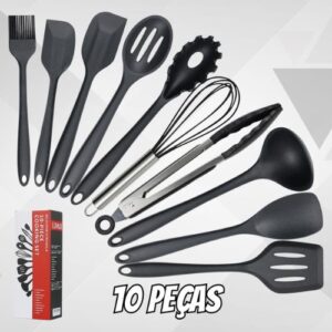 Conjunto Kit Utensílios De Cozinha Silicone Inox