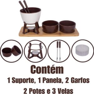 Conjunto Fondue em Cerâmica Redondo 10 Peças Com Base em Bambu 300ml