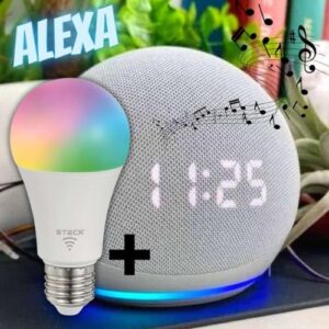 Echo Dot (4ª geração) | Smart Speaker com Relógio e Alexa | Cor Azul + Lâmpada Smarteck 12W