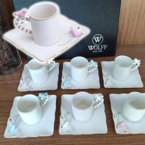[ENCERRADA] Wolff Birds Conjunto de Xícaras para Café com Pires de Porcelana 6 Peças, Branco, 80 ml