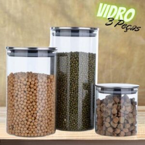 Conjunto com 3 Potes de Vidro transparente Slim com tampa Inox, VDR6866-3, Euro Home
