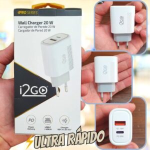 Carregador de Parede Ultra Rápido com 1 Saída USB-C Power Delivery 20W + 1 Saída USB-A 18W I2GO - i2GO PRO, Branco