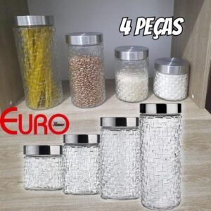 Conjunto de Potes de Vidro com Tampa Inox Rattan 4 Peças, VDR2140-4, Euro Home