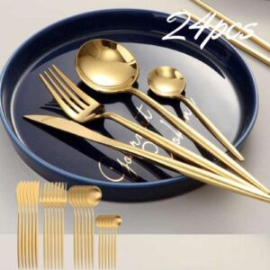 Conjunto De Talheres Aço Inoxidável 24pcs Com Colher Garfo Faca e Colher de Café (Dourado 24pcs)