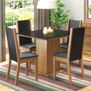Conjunto Sala de Jantar Madesa Moscou Plus Mesa Tampo de Vidro com 4 Cadeiras - Rustic/Preto/Sintético Preto