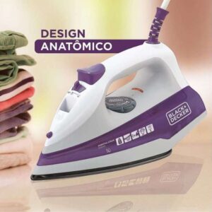 Black Decker Ferro de Passar Roupa, com Vaporizador, Base Antiaderente, Branco e Roxo, Modelo FX1000