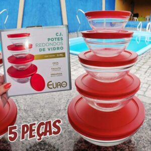 Euro , Conjunto de Potes de Vidro Redondos com Tampa Plástica, Vermelho, 5 Peças