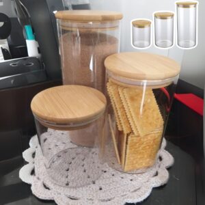 Conjunto com 3 Potes de Vidro transparente Slim com tampa Bambu, VDR6804-3, Euro Home