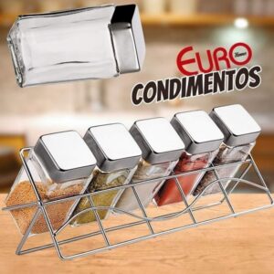 [ENCERRADA] Porta Condimentos de Vidro quadrado Transparente com Suporte 6 Peças, VDR0429, Euro Home